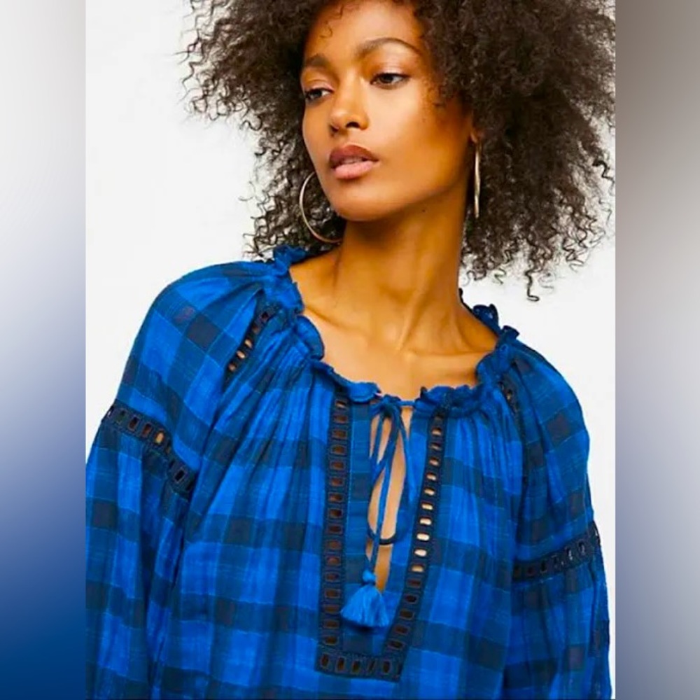 FREE PEOPLE Blue HONEY GROVE Checked Top NWT Medium